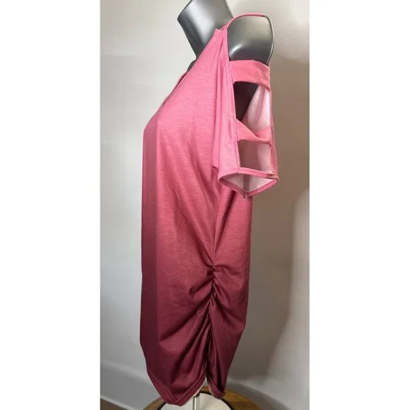 Womens V Neck Short Sleeve Cold Shoulder Cutouts Shirt Light Rose Burgundy, Wine - Picture 5 of 16